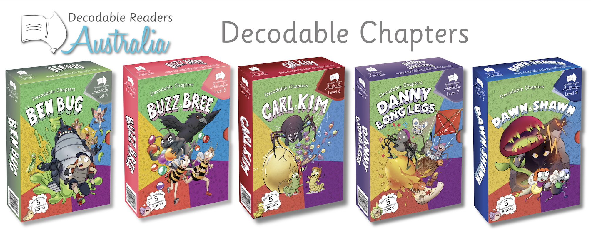 This graphic shows 5 box sets of books from the Decodable Chapters Level 4-8.