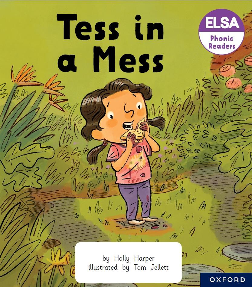 This is the cover for a book in the Essential Letters and Sounds Australia Phonic Readers series. It is called ‘Tess in a Mess’ and shows a girl being messy as she eats her sandwich.
