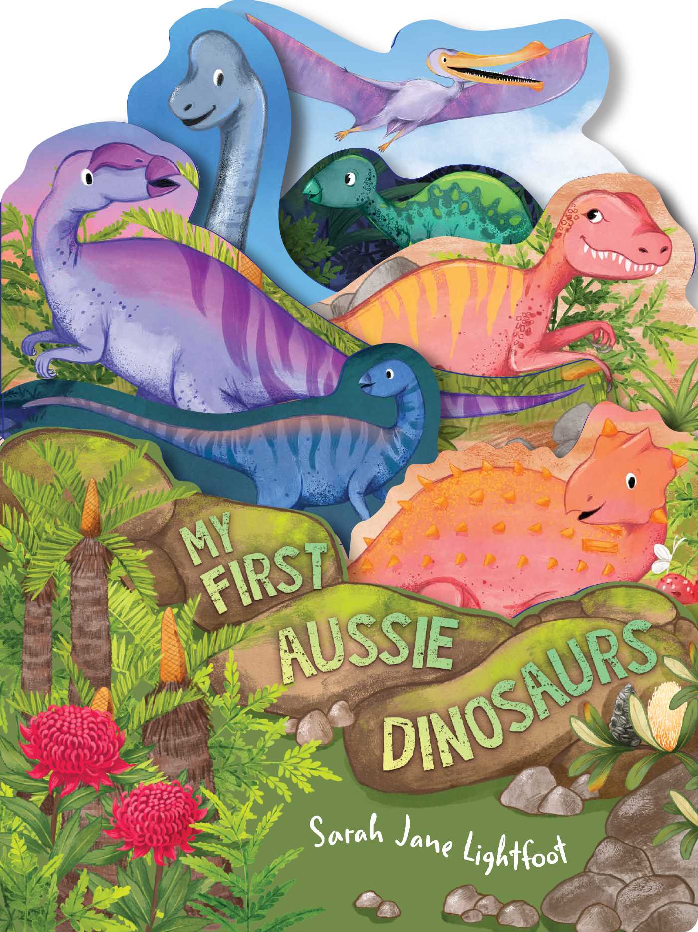 This is the cover for ‘My First Aussie Dinosaurs’ Written by Sarah Jane Lightfoot. The cover shows various dinosaurs all walking through the jungle while smiling.